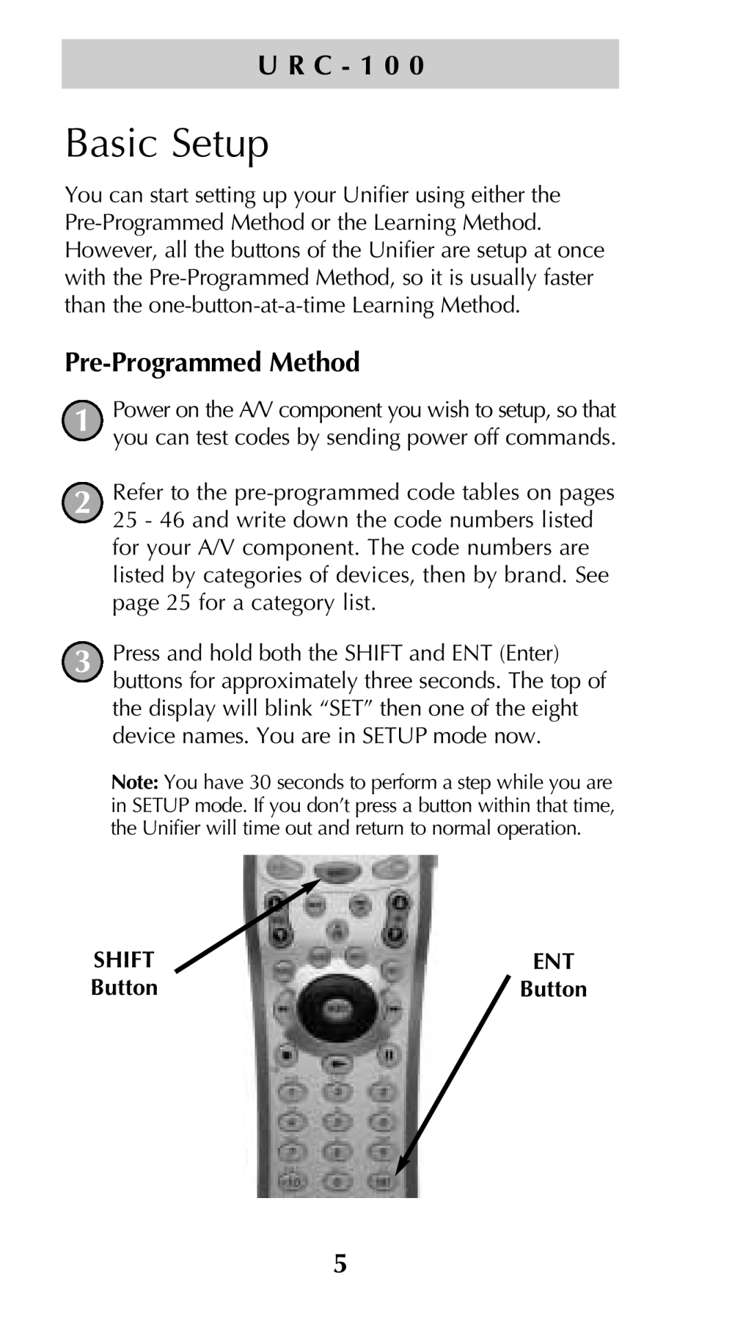 Universal Remote Control Unifier URC-100 owner manual Basic Setup, Pre-Programmed Method 