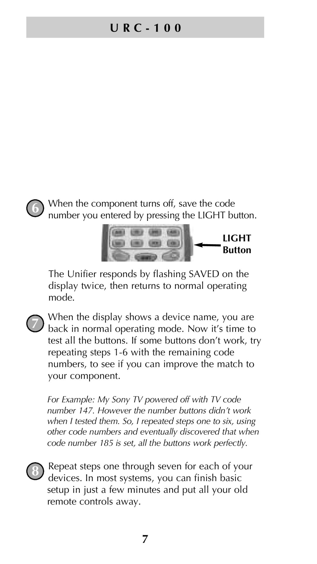 Universal Remote Control Unifier URC-100 owner manual Light 