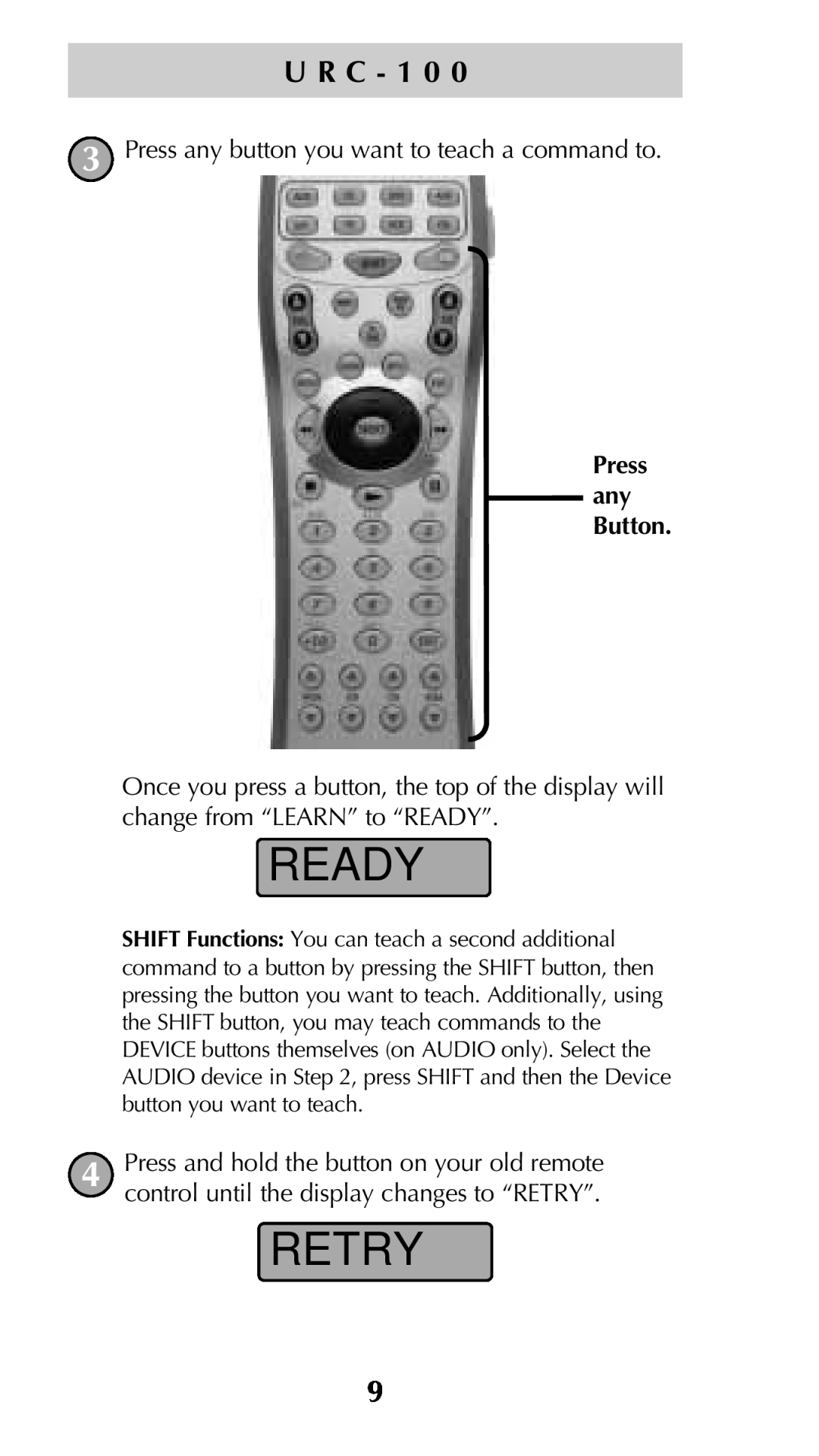 Universal Remote Control Unifier URC-100 owner manual Ready, Retry, U R C - 1 