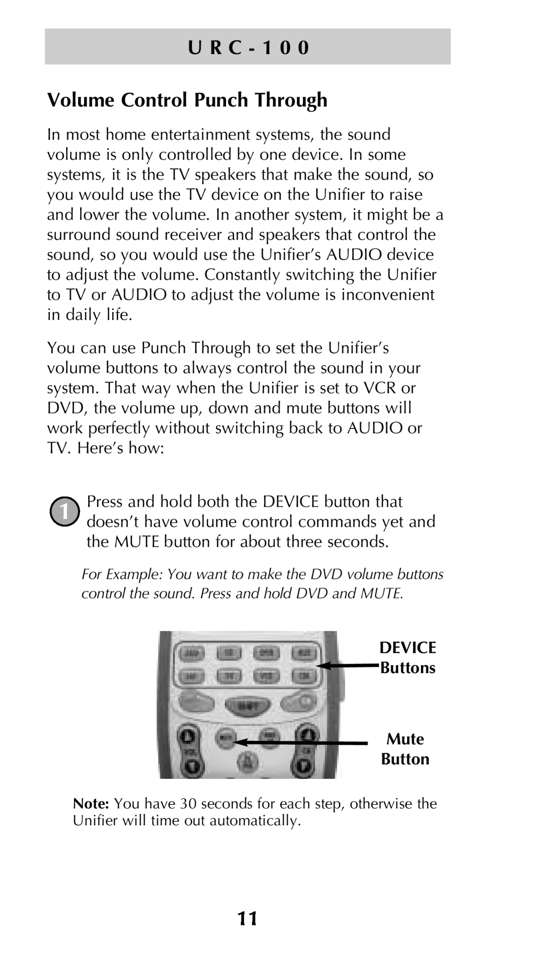 Universal Remote Control Unifier URC-100 owner manual Volume Control Punch Through, U R C - 1 0 