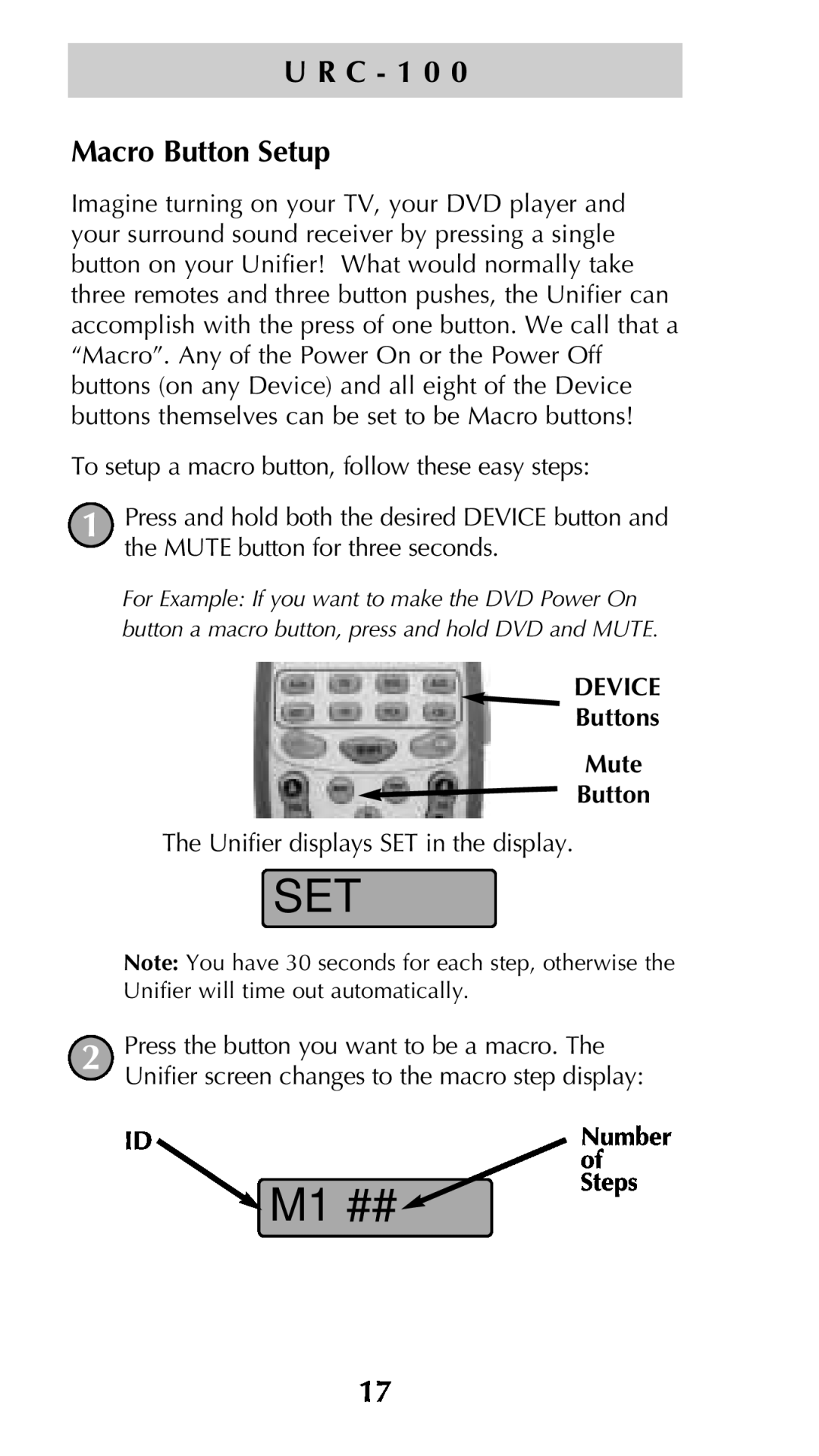 Universal Remote Control Unifier URC-100 owner manual M1 ##, Macro Button Setup, U R C - 1 0 