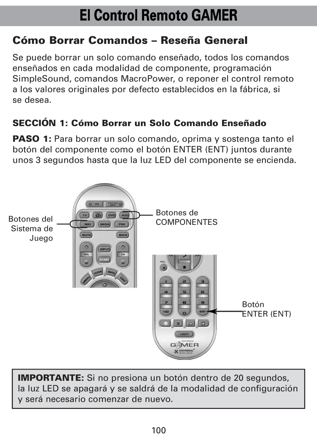 Universal Remote Control Universl Remote manual Cómo Borrar Comandos Reseña General 