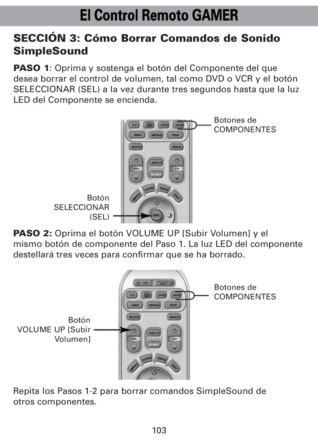 Universal Remote Control Universl Remote manual Sección 3 Cómo Borrar Comandos de Sonido SimpleSound 