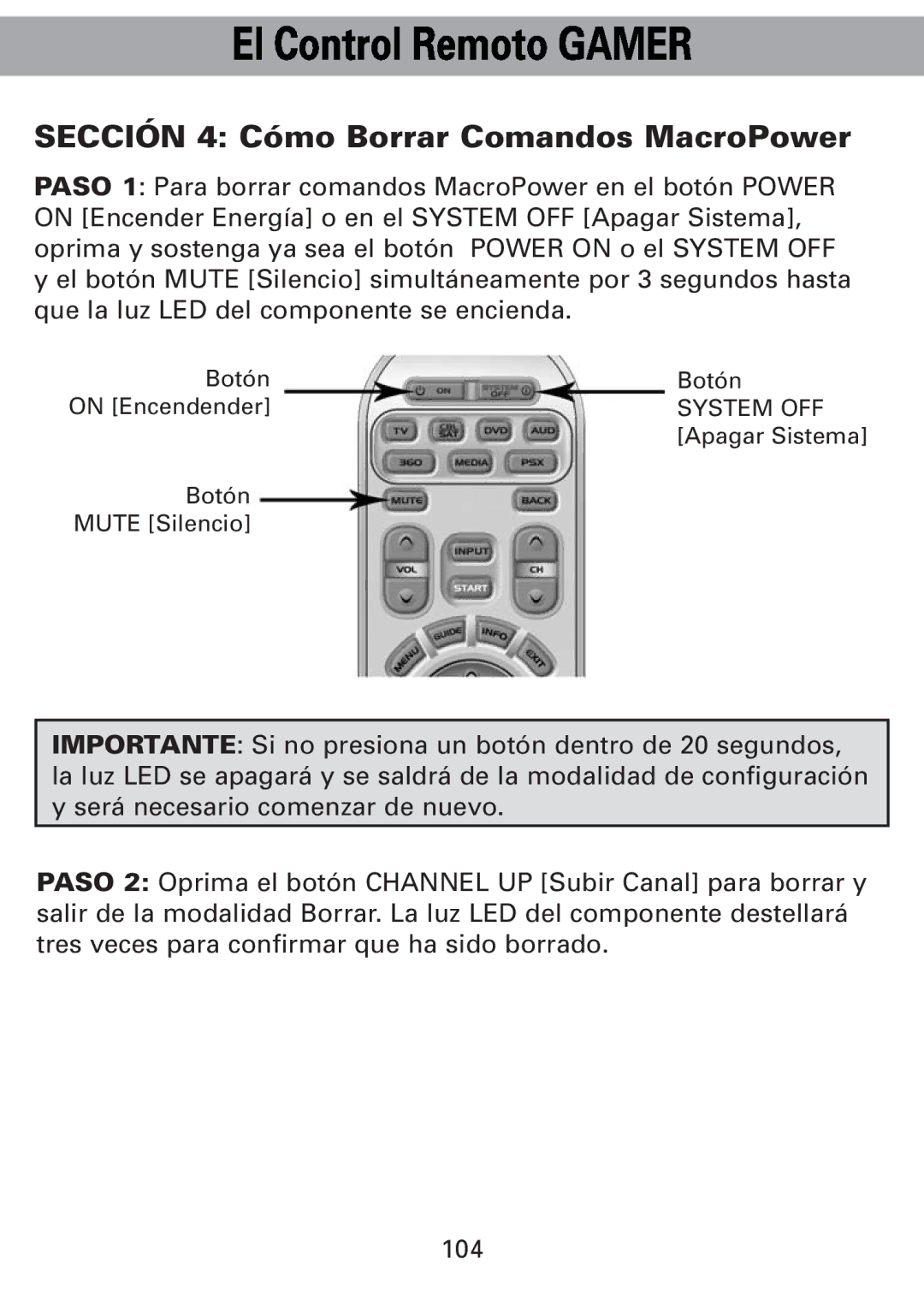 Universal Remote Control Universl Remote manual Sección 4 Cómo Borrar Comandos MacroPower 