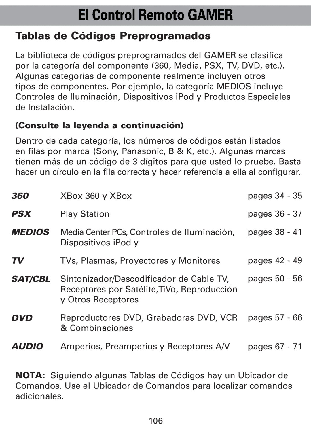 Universal Remote Control Universl Remote manual Tablas de Códigos Preprogramados, Consulte la leyenda a continuación 