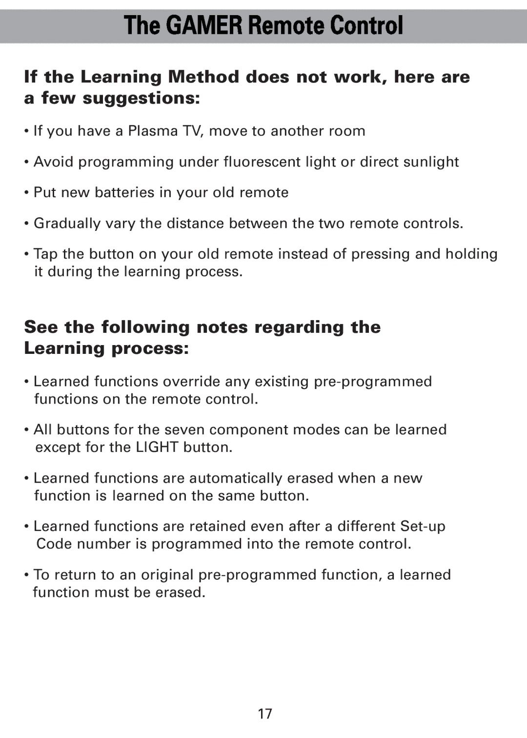 Universal Remote Control Universl Remote manual See the following notes regarding the Learning process 