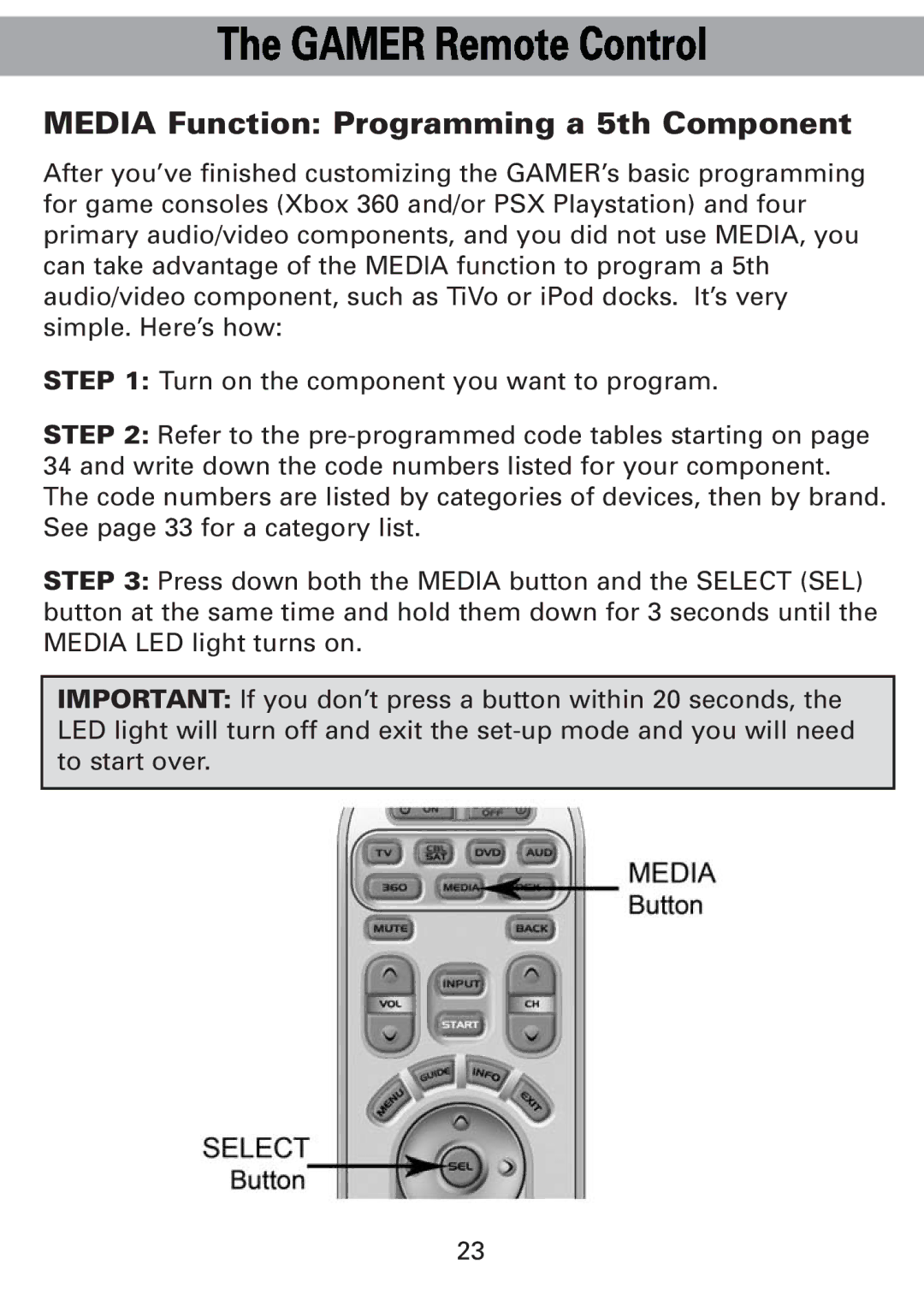 Universal Remote Control Universl Remote manual Media Function Programming a 5th Component 