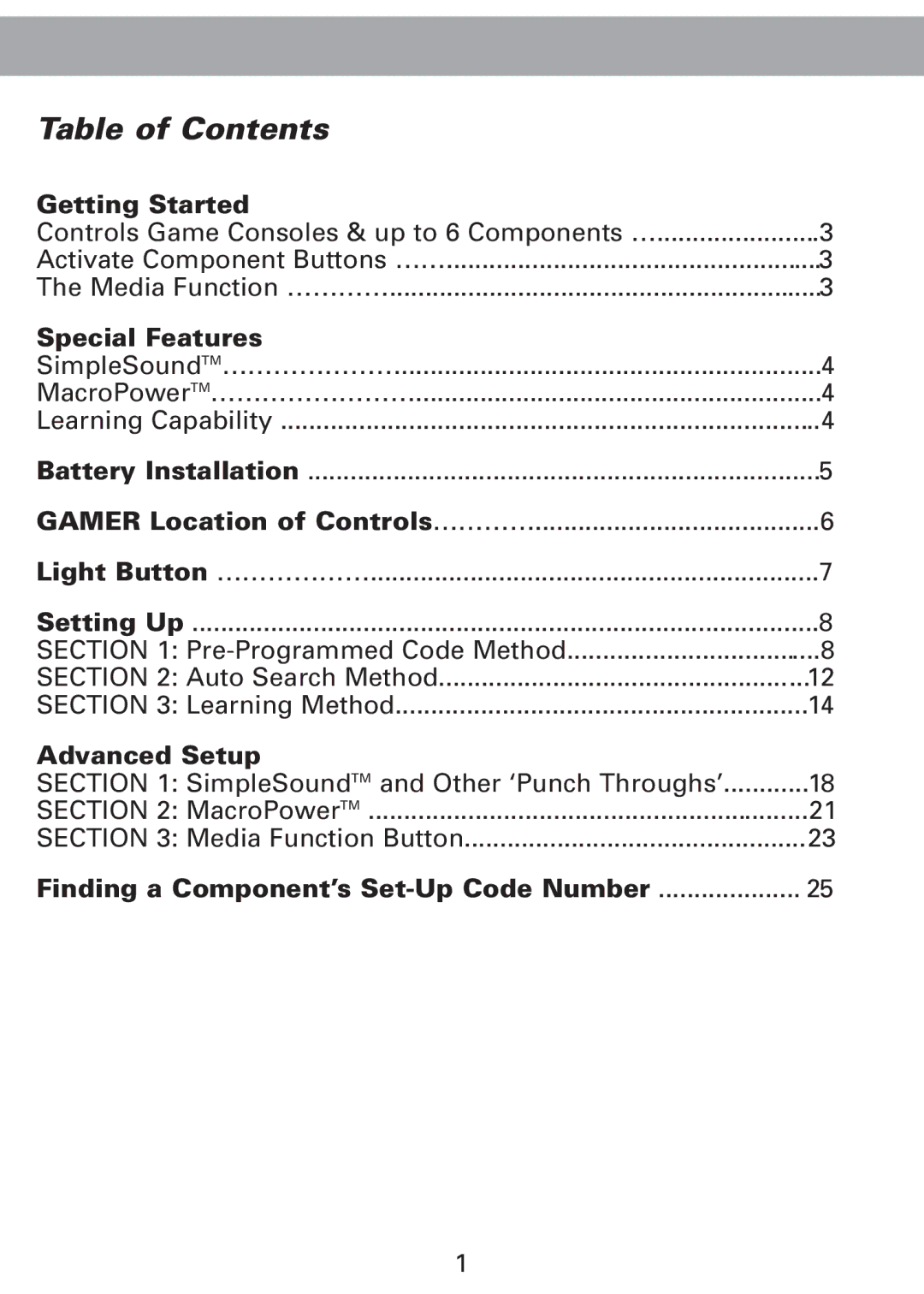 Universal Remote Control Universl Remote manual Table of Contents 