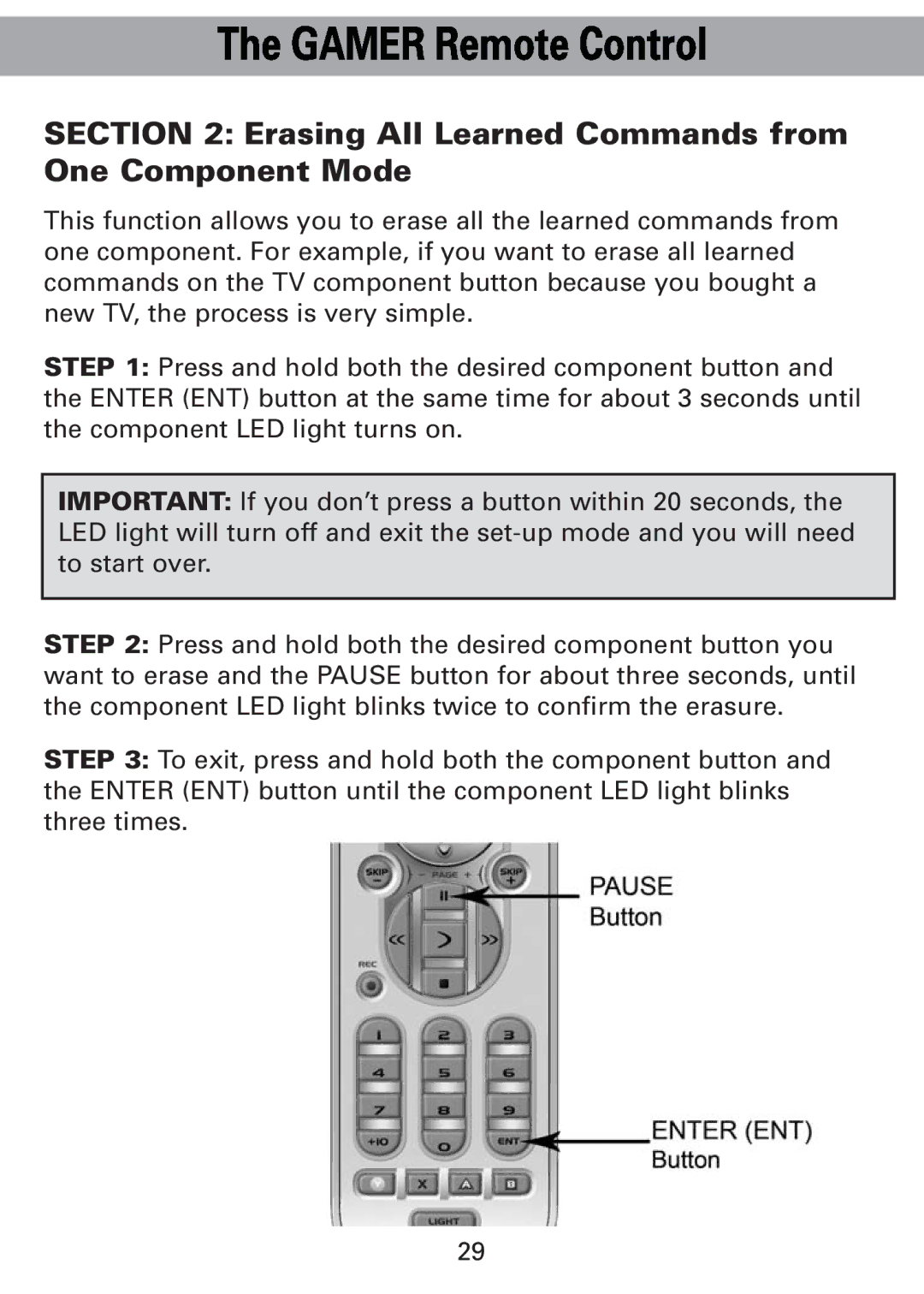 Universal Remote Control Universl Remote manual Erasing All Learned Commands from One Component Mode 