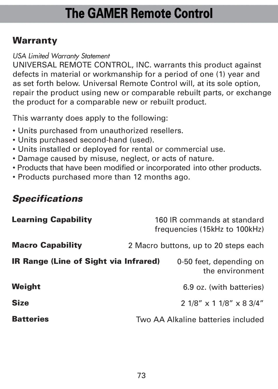 Universal Remote Control Universl Remote manual Warranty, Specifications 