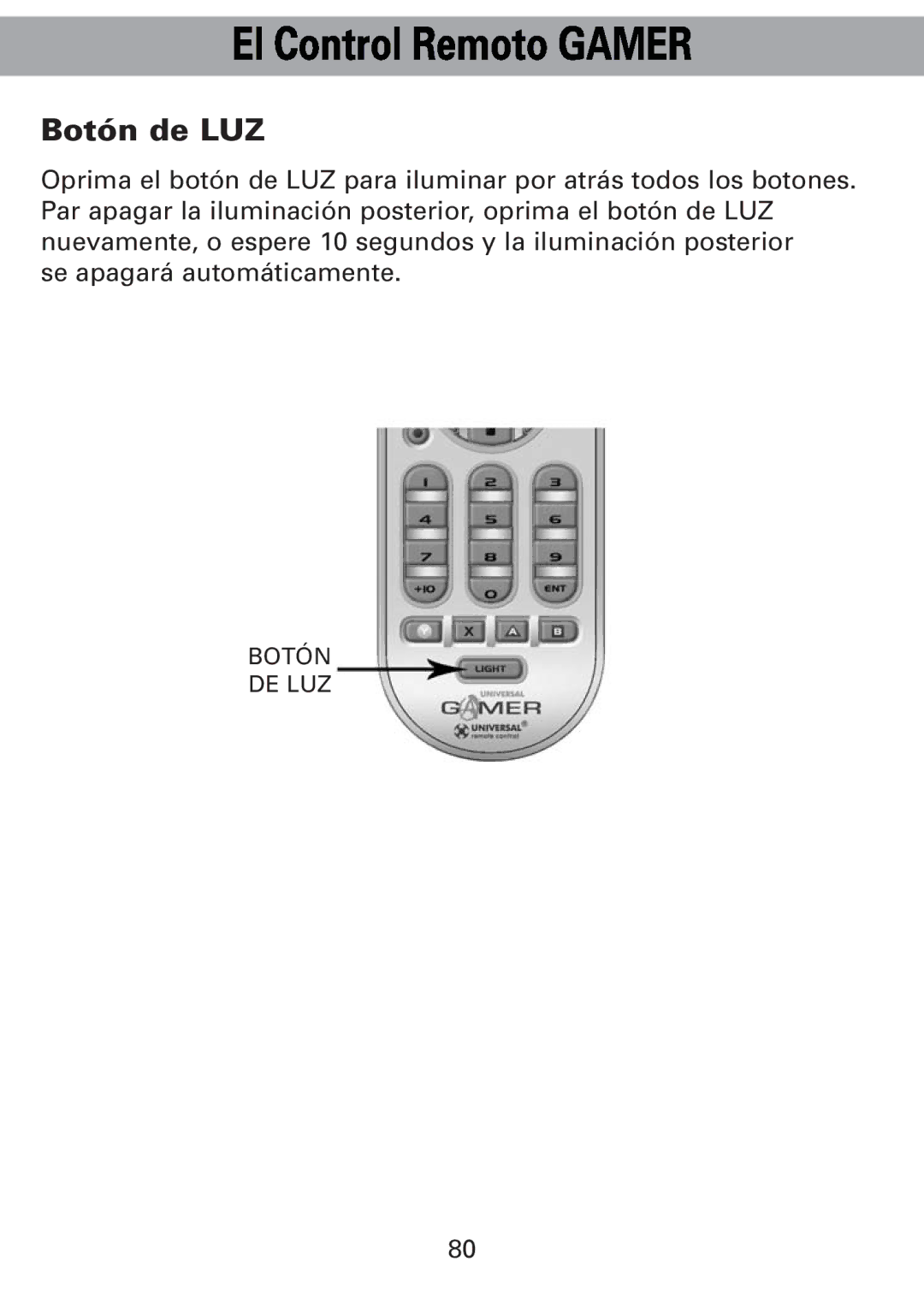 Universal Remote Control Universl Remote manual Botón de LUZ 