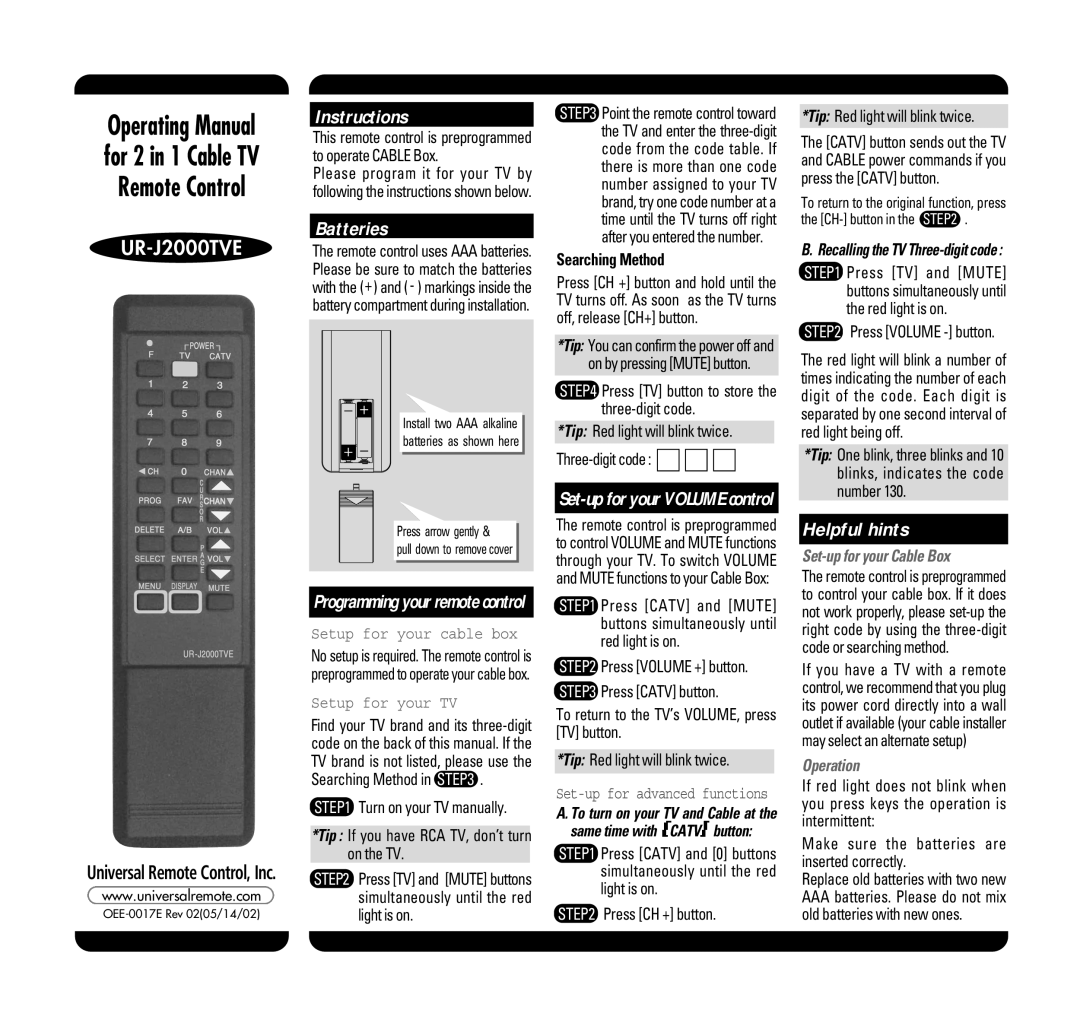 Universal Remote Control UR-J2000TVE manual Instructions, Batteries, Helpful hints, Set-up for your Cable Box, Operation 