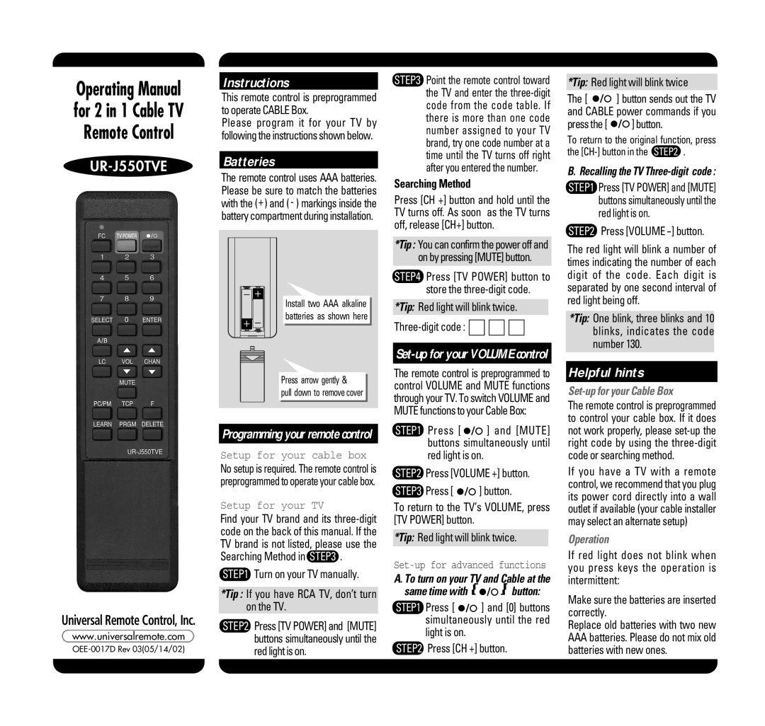 Universal Remote Control UR-J550TVE manual Instructions, Batteries, Helpful hints, Set-up for your Cable Box, Operation 