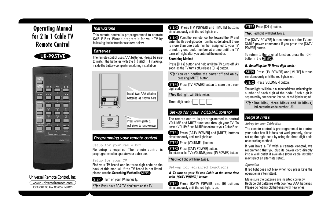 Universal Remote Control UR-P95TVE manual Instructions, Batteries, Helpful hints, Set-up for your Cable Box, Operation 