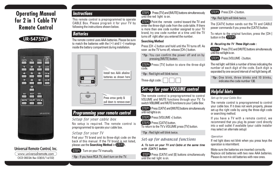 Universal Remote Control UR-S475TVE manual Instructions, Batteries, Helpful hints, Set-up for your Cable Box, Operation 