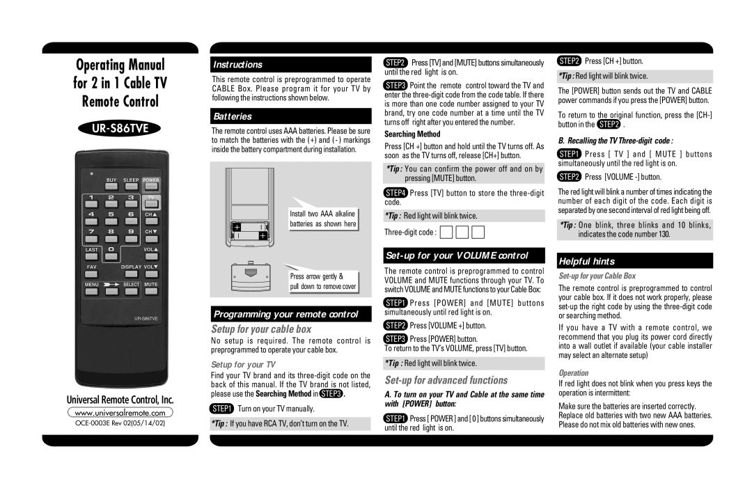 Universal Remote Control UR-S86TVE manual Instructions, Batteries, Helpful hints, Universal Remote Control, Inc, Operation 