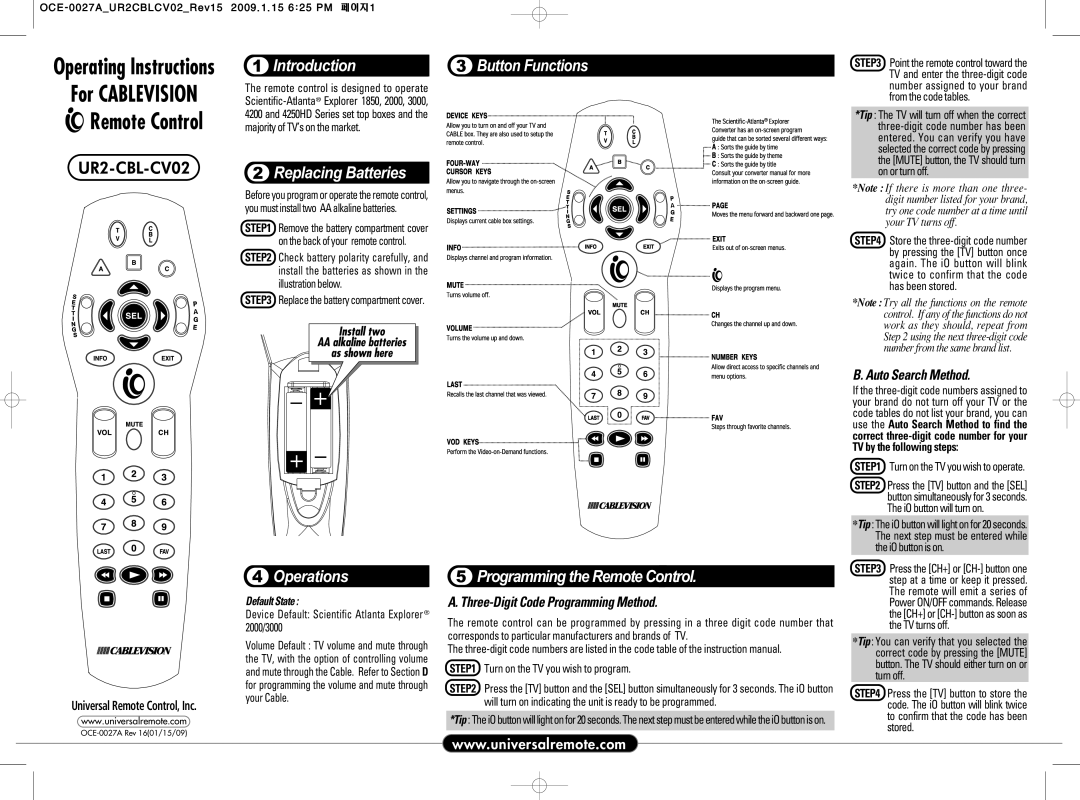 Universal Remote Control UR2-CBL-CV02, OCE-0027A operating instructions Introduction, Replacing Batteries, Operations 