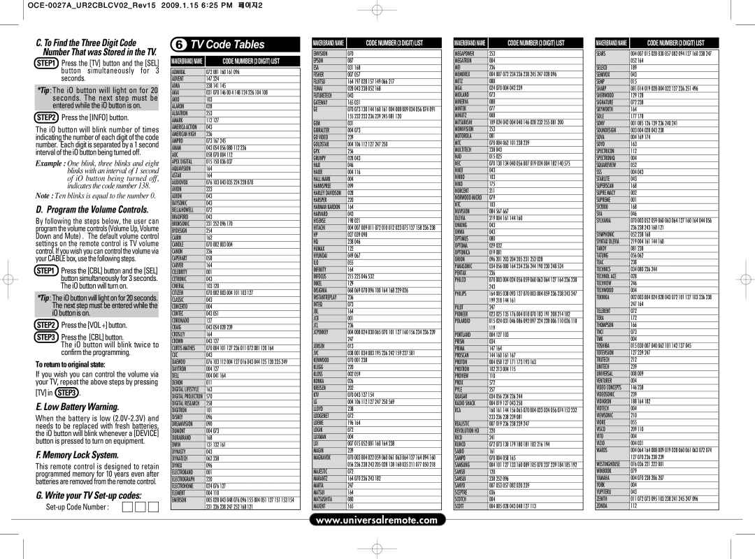 Universal Remote Control OCE-0027A, UR2-CBL-CV02 TV Code Tables, Low Battery Warning, Memory Lock System 