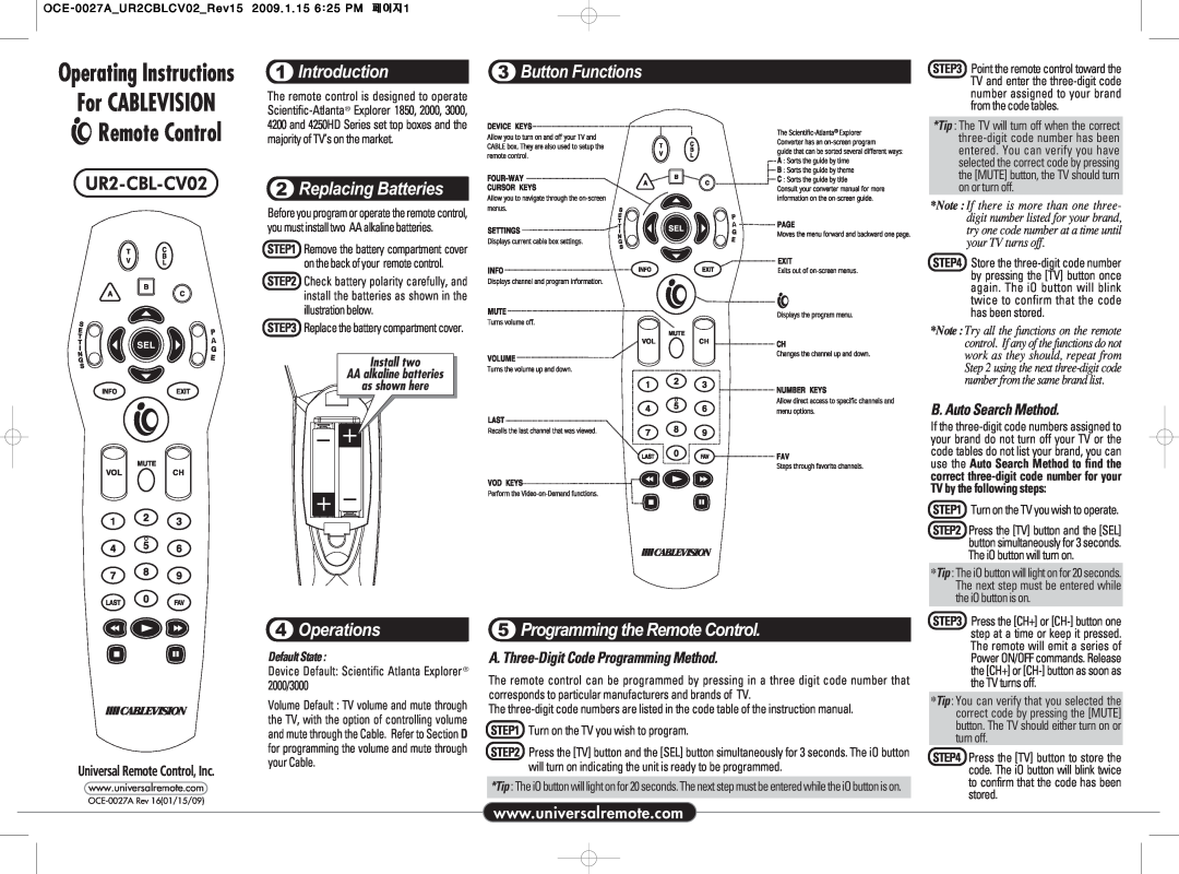 Universal Remote Control UR2-CBL-CV operating instructions Introduction, Replacing Batteries, Operations, Default State 