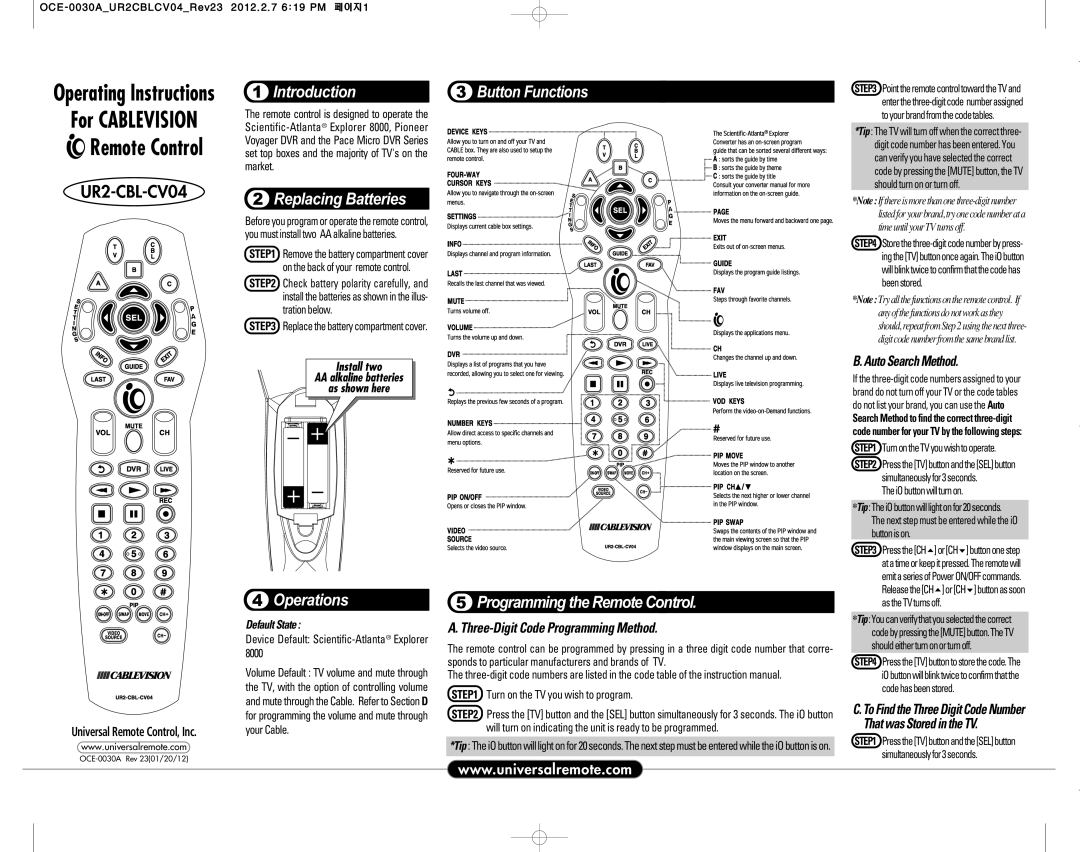 Universal Remote Control UR2-CBL-CV04 operating instructions Introduction, Replacing Batteries, Operations 