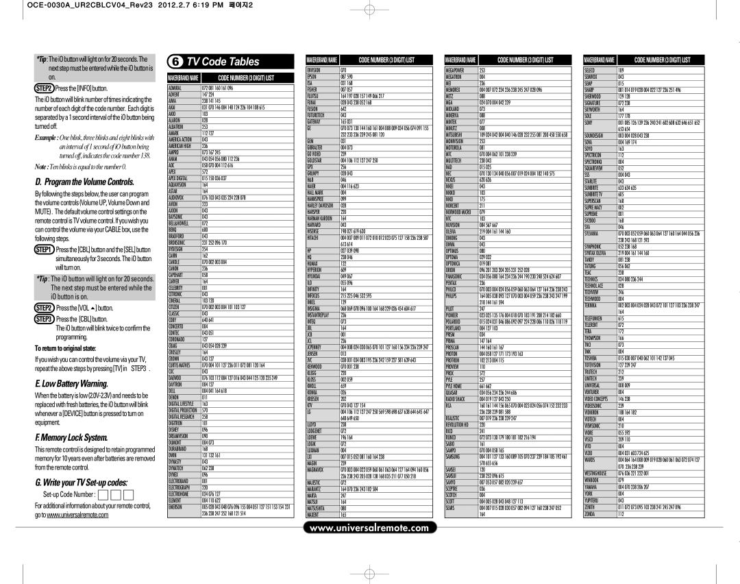 Universal Remote Control UR2-CBL-CV04 TV Code Tables, Low Battery Warning, Memory Lock System, Program the Volume Controls 