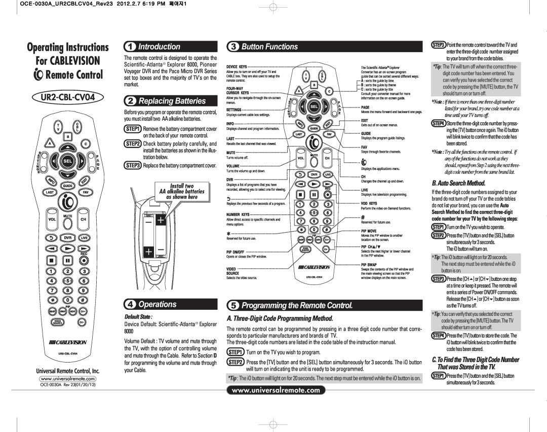 Universal Remote Control UR2-CBL-CV04 operating instructions Introduction, Replacing Batteries, Operations, Default State 