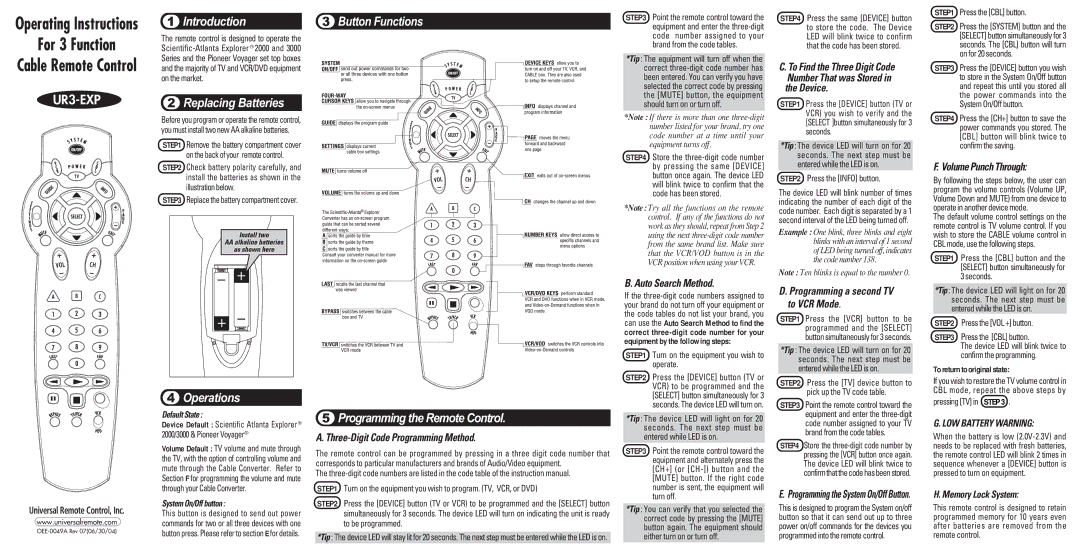 Universal Remote Control UR3-EXP operating instructions Introduction, Replacing Batteries Button Functions 