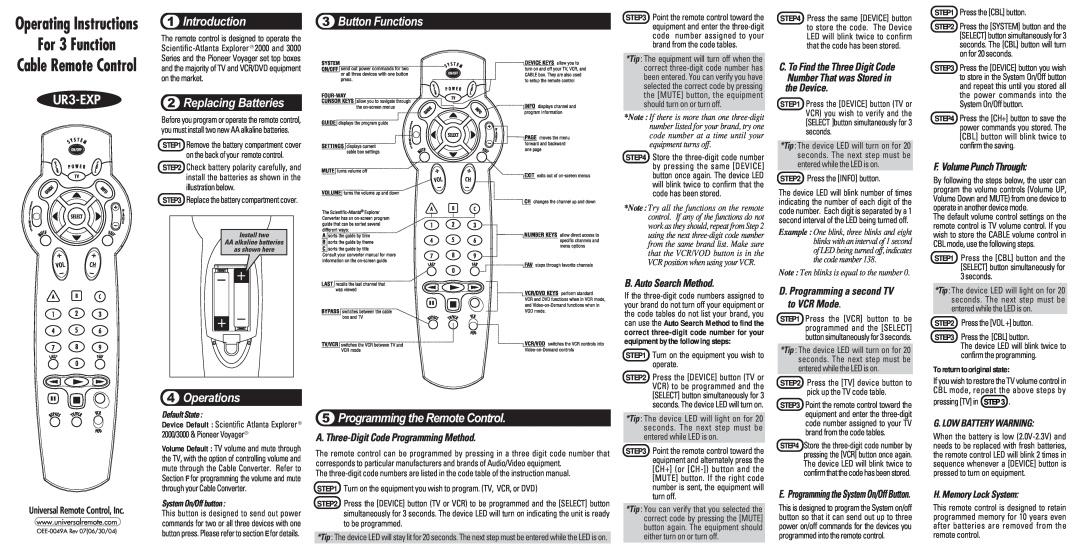Universal Remote Control UR3-EXP operating instructions Introduction, Replacing Batteries, Button Functions, Default State 