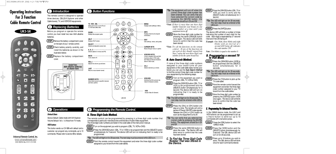 Universal Remote Control UR3-SR operating instructions Introduction, Replacing Batteries, Button Functions, Operations 