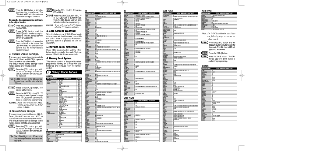 Universal Remote Control UR3-SR Set-up Code Tables, Volume Punch Through, Channel Punch Through, Memory Lock System 