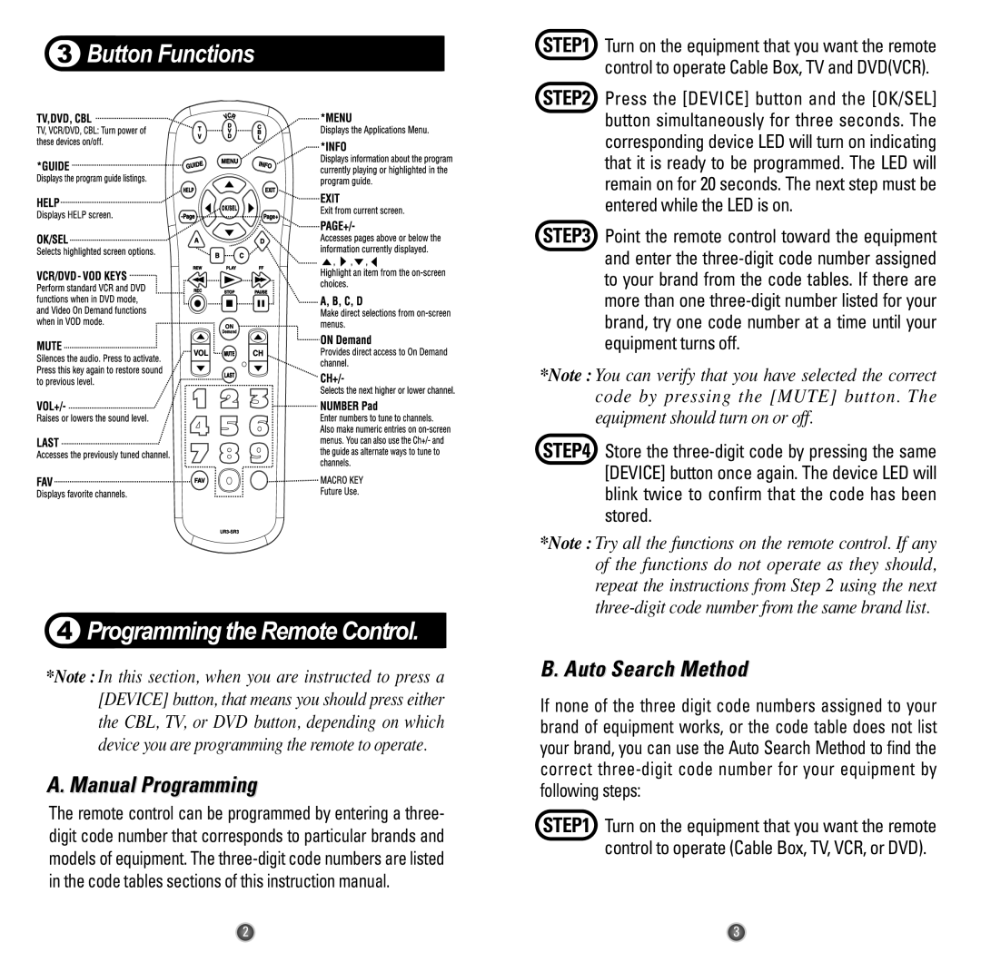 Universal Remote Control OCE-0009D, UR3-SR3 manual Button Functions Programming the Remote Control, Manual Programming 