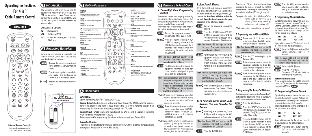 Universal Remote Control UR4-DCT 4 in 1 Cable Remote Control operating instructions Introduction, Replacing Batteries 