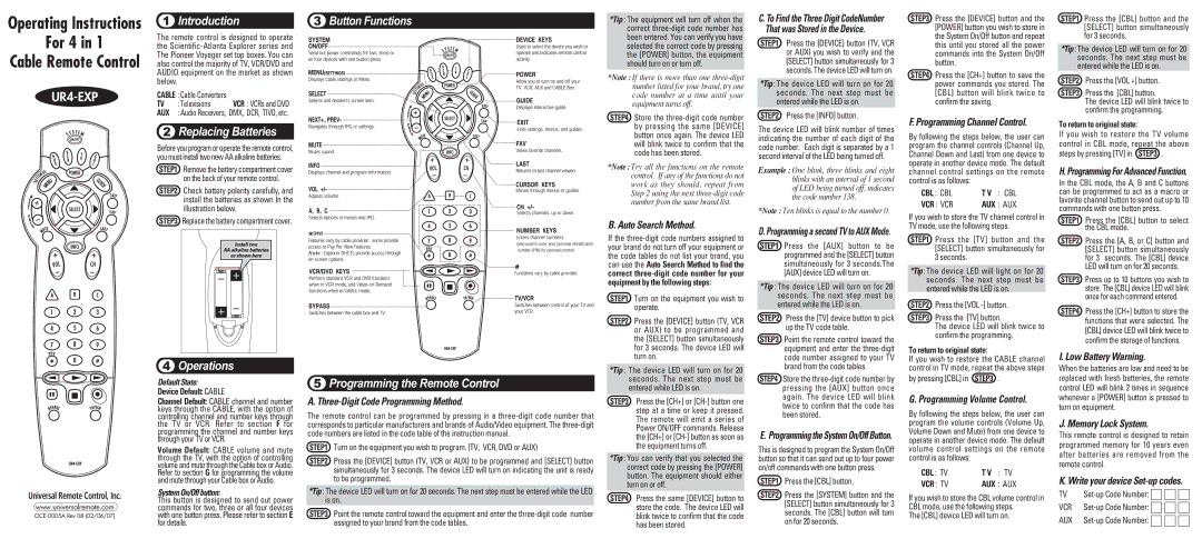 Universal Remote Control UR4-EXP operating instructions Introduction, Button Functions, Replacing Batteries 