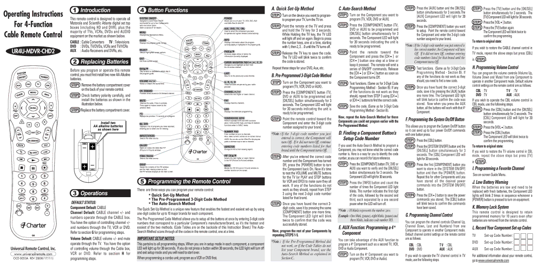 Universal Remote Control UR4U-MDVR-CHD2 operating instructions Component Default Cable, To return to original state 