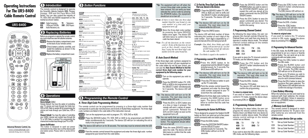 Universal Remote Control UR5-8400 operating instructions Introduction, Button Functions, Replacing Batteries 