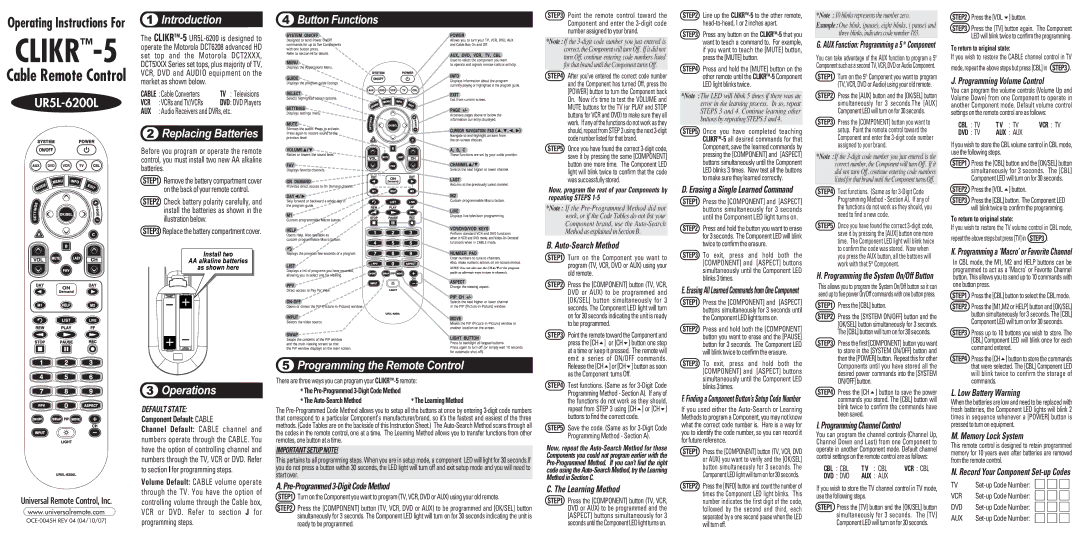 Universal Remote Control UR5L-6200L operating instructions Pre-Programmed 3-Digit Code Method, Auto-Search Method 