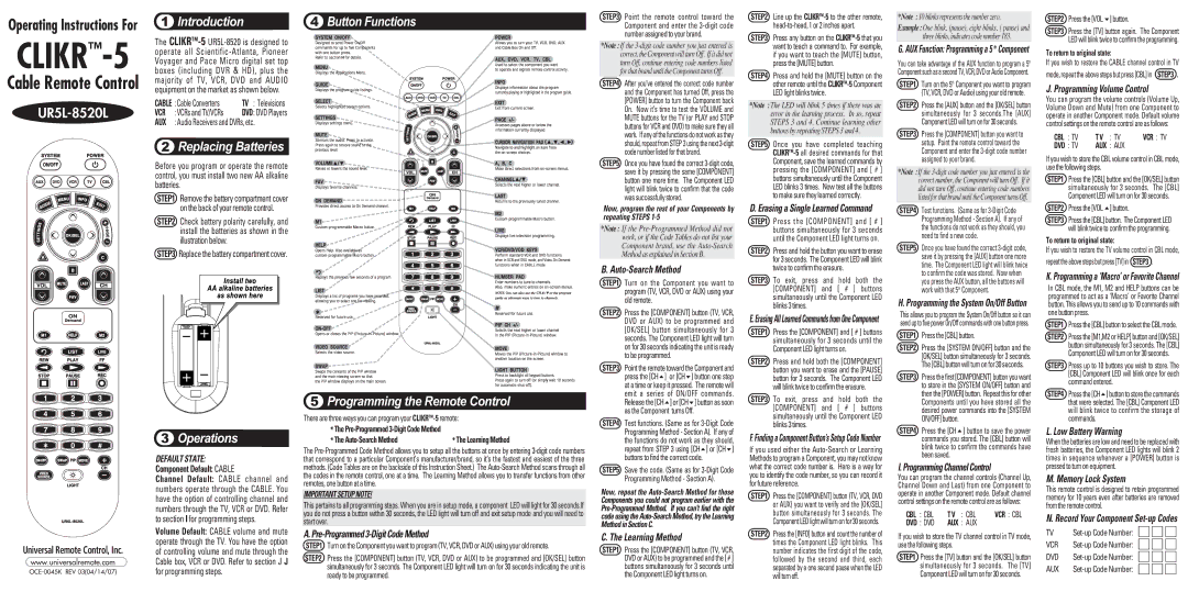 Universal Remote Control UR5L-8520L operating instructions Pre-Programmed 3-Digit Code Method, Auto-Search Method 