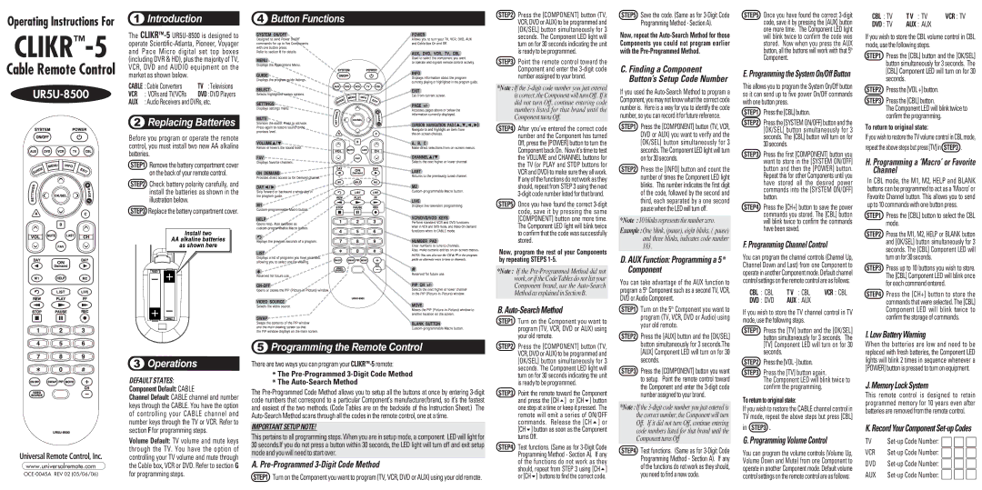 Universal Remote Control UR5U-8500 operating instructions Component Default Cable, To return to original state 