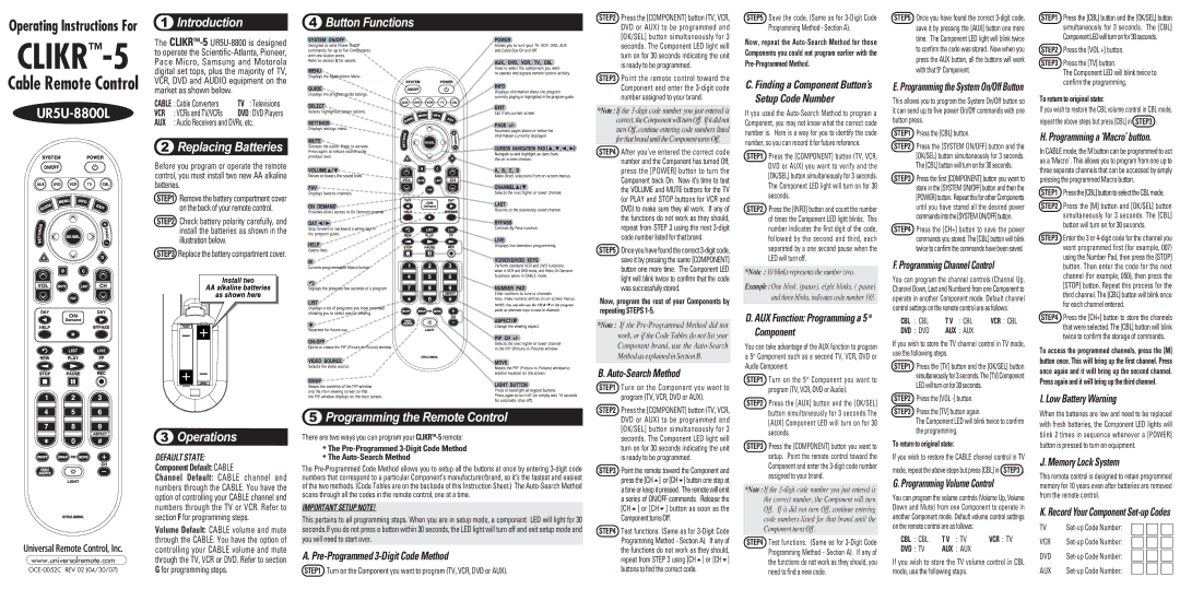 Universal Remote Control UR5U-8800L operating instructions Pre-Programmed 3-Digit Code Method, Auto-Search Method 