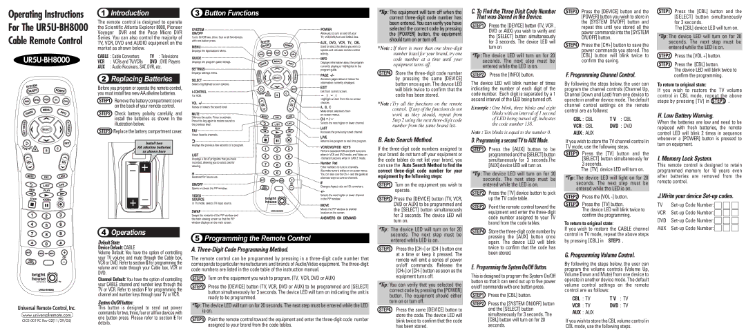 Universal Remote Control UR5U-BH8000 operating instructions Introduction, Button Functions, Replacing Batteries 