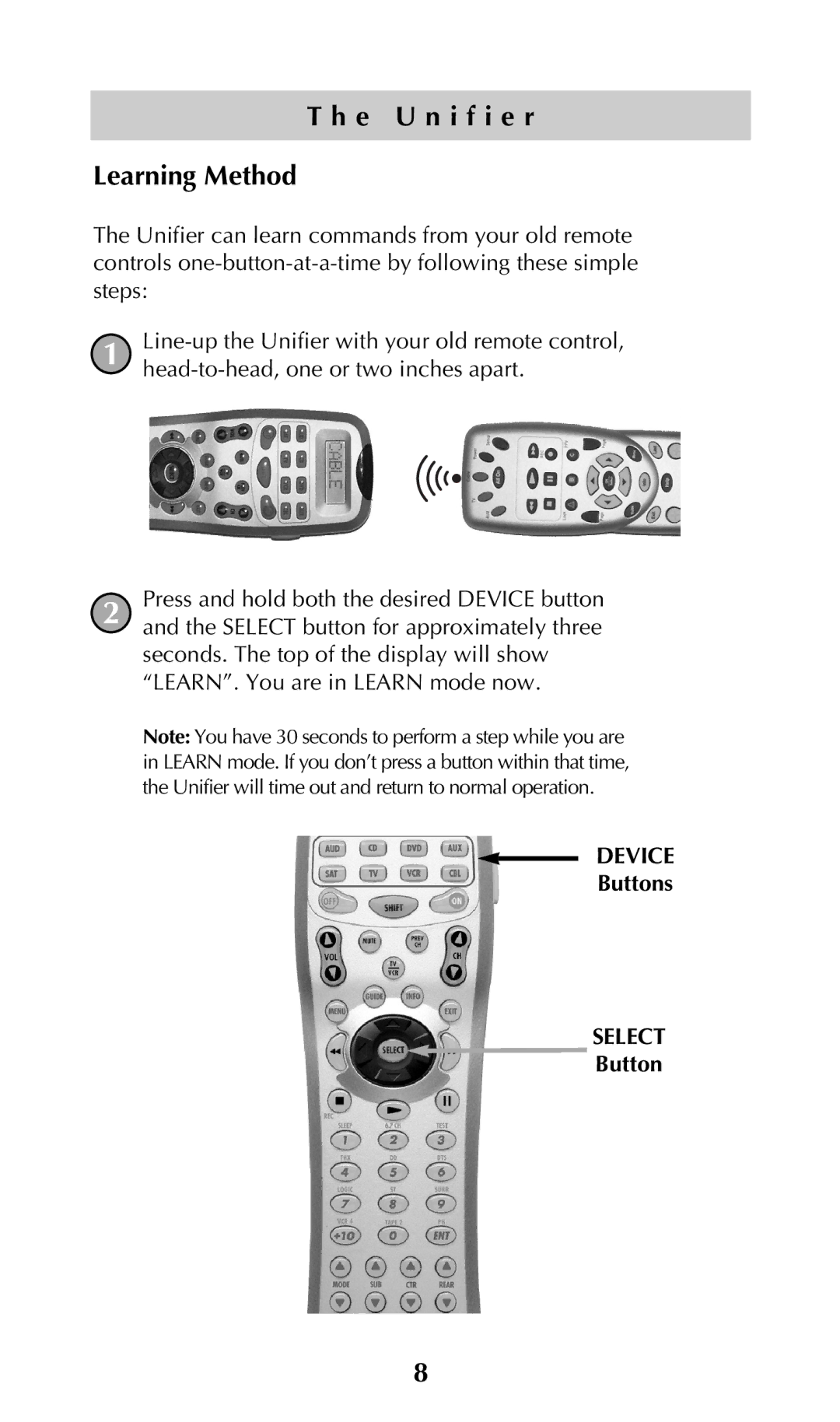 Universal Remote Control URC-100 owner manual E U n i f i e r Learning Method 