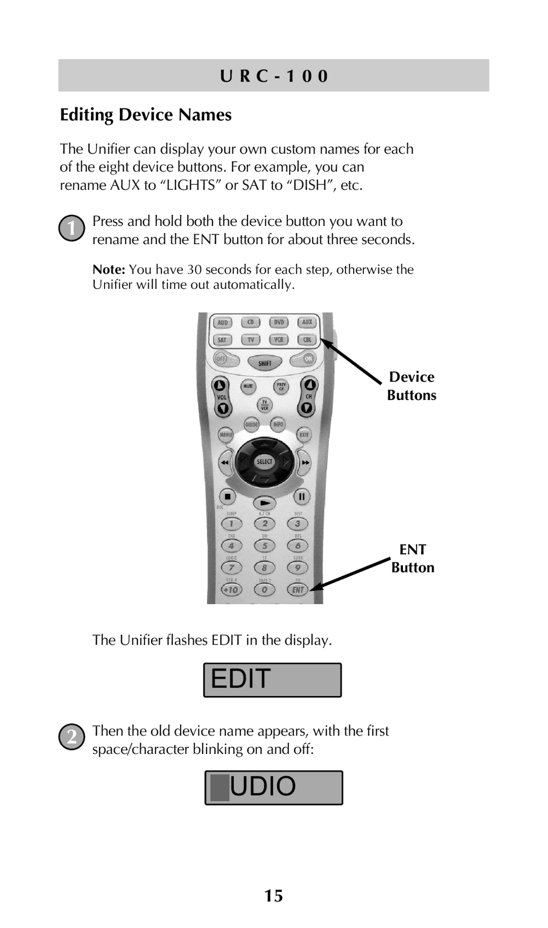 Universal Remote Control URC-100 owner manual Audio, C 1 0 Editing Device Names 