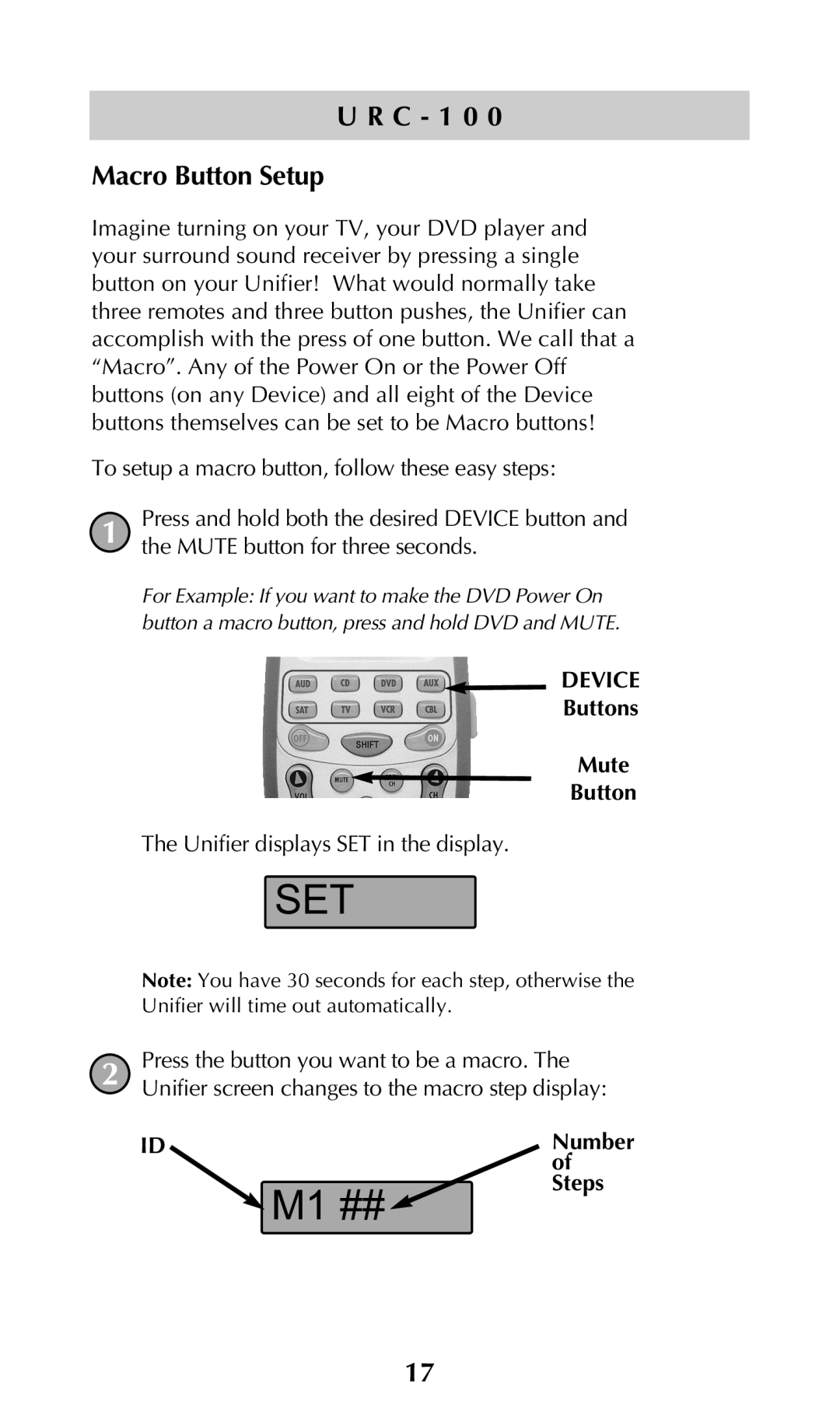 Universal Remote Control URC-100 owner manual M1 ##, C 1 0 Macro Button Setup 