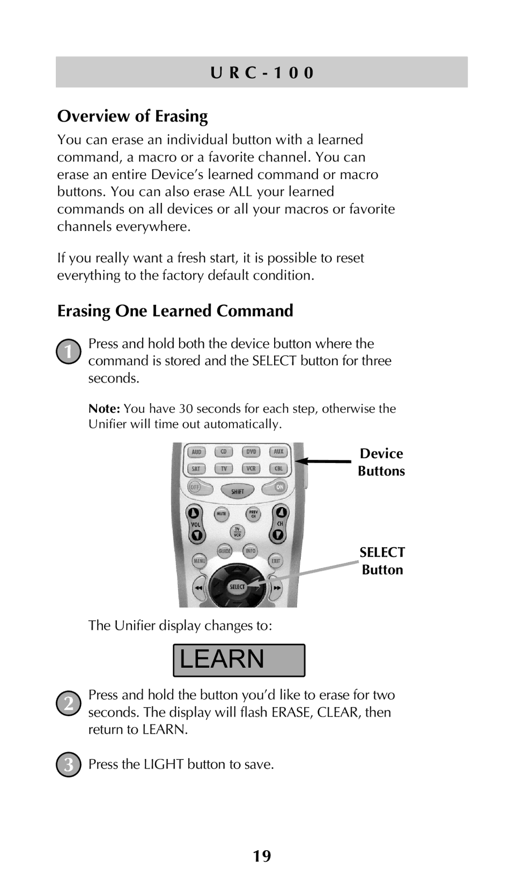 Universal Remote Control URC-100 owner manual C 1 0 Overview of Erasing, Erasing One Learned Command 