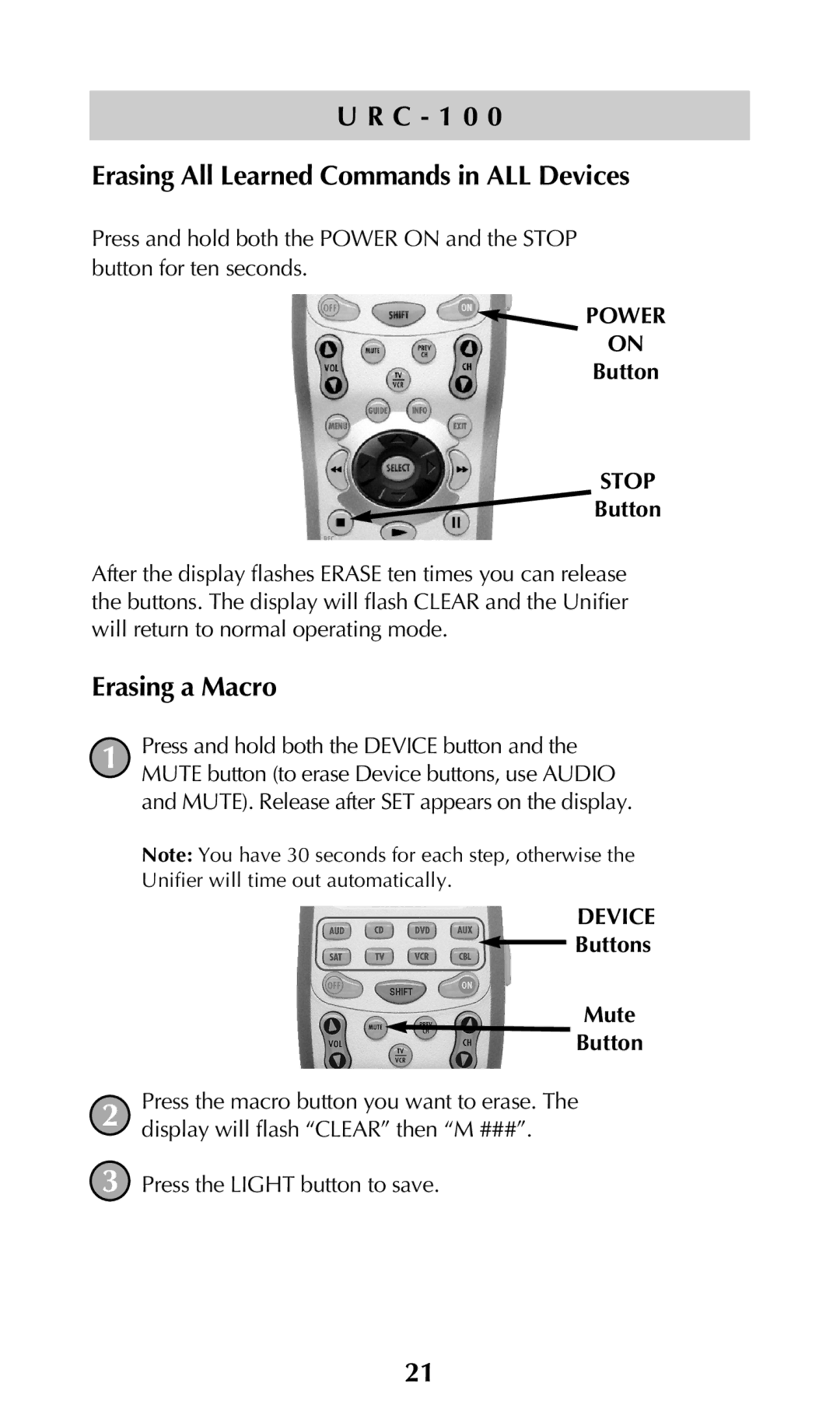 Universal Remote Control URC-100 owner manual C 1 0 Erasing All Learned Commands in ALL Devices, Erasing a Macro 