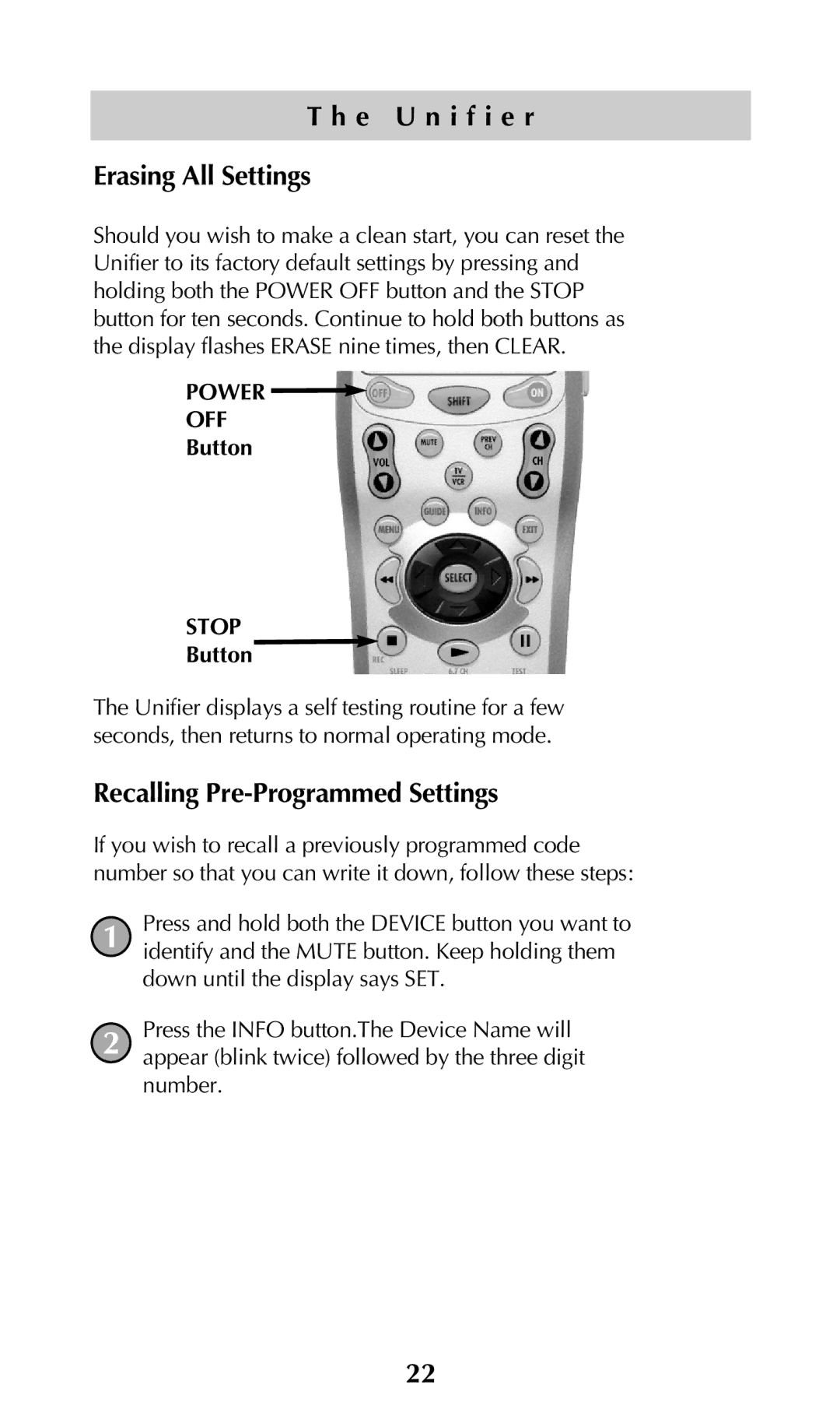 Universal Remote Control URC-100 owner manual E U n i f i e r Erasing All Settings, Recalling Pre-Programmed Settings 