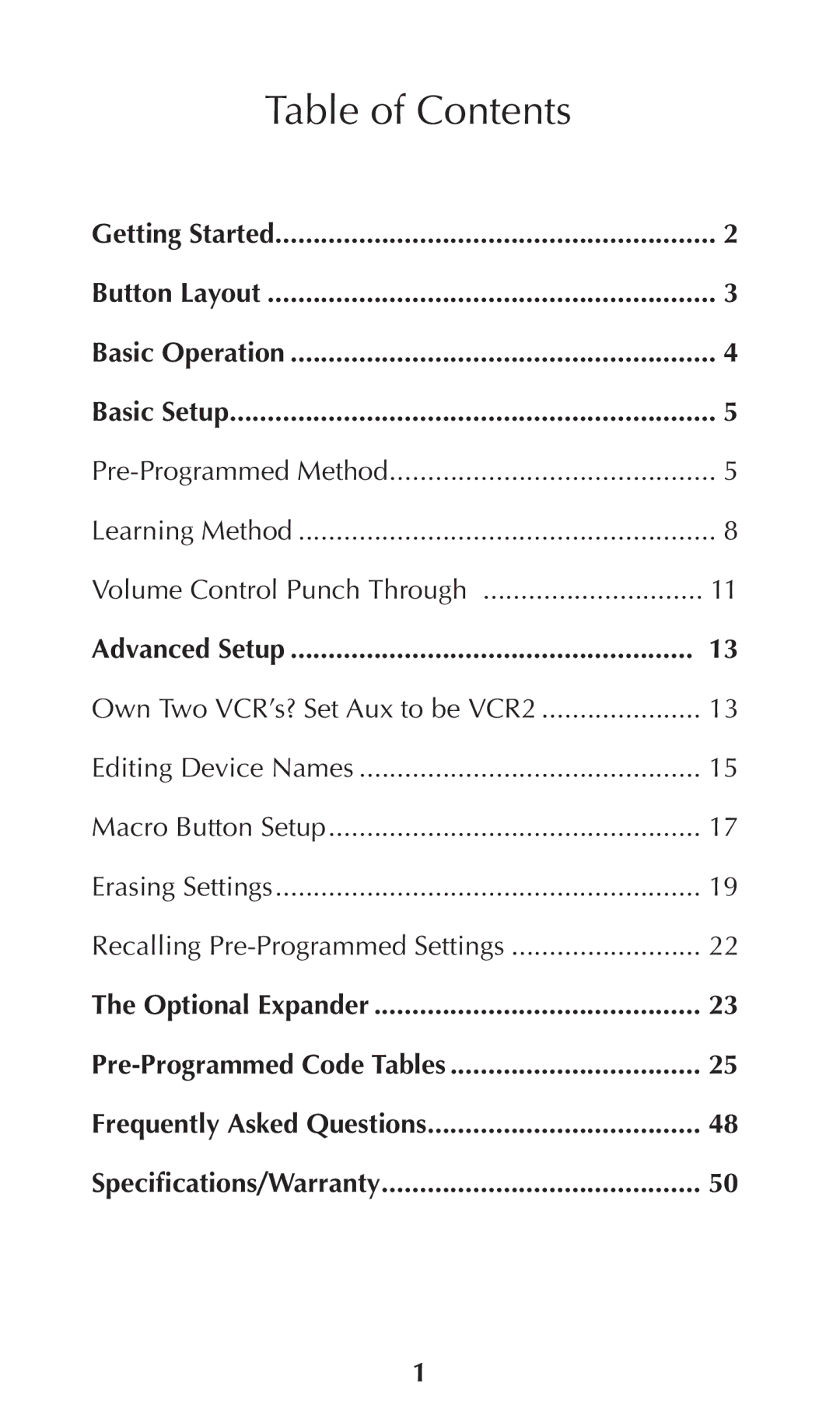 Universal Remote Control URC-100 owner manual Table of Contents 