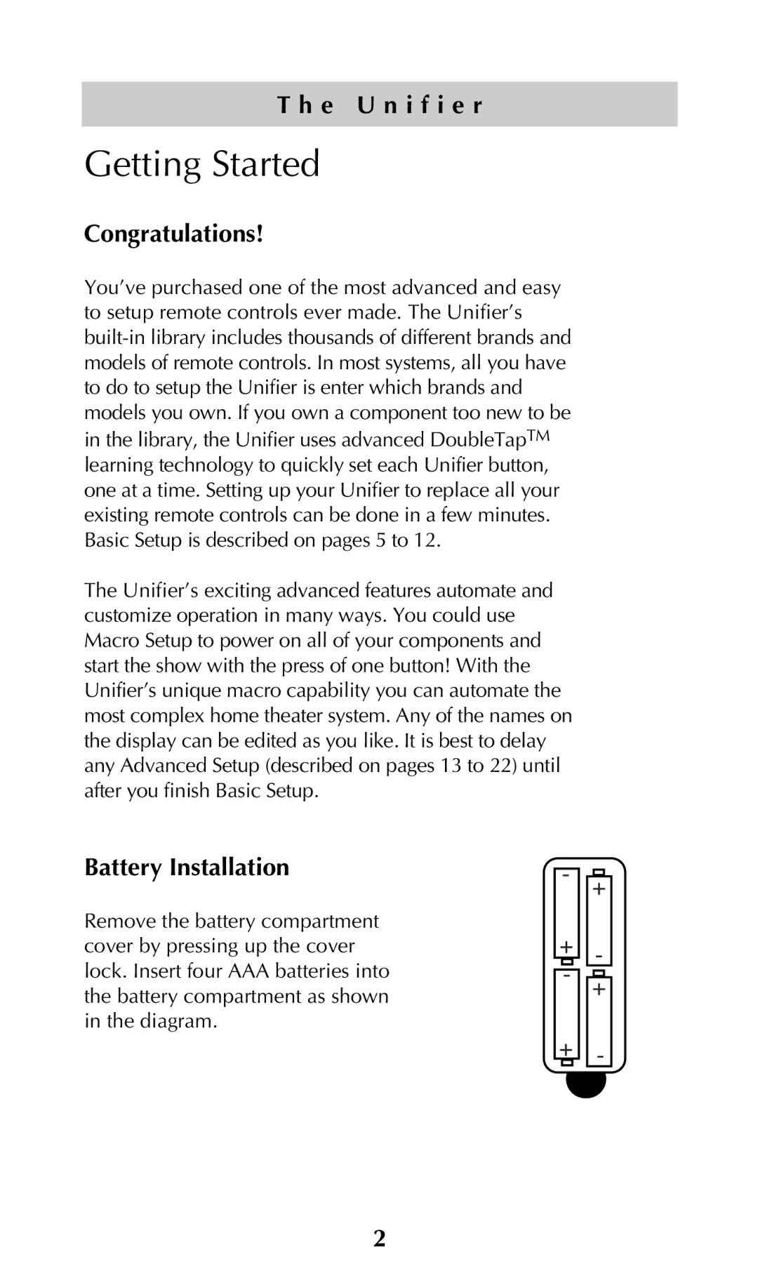 Universal Remote Control URC-100 owner manual Getting Started, E U n i f i e r, Congratulations, Battery Installation 