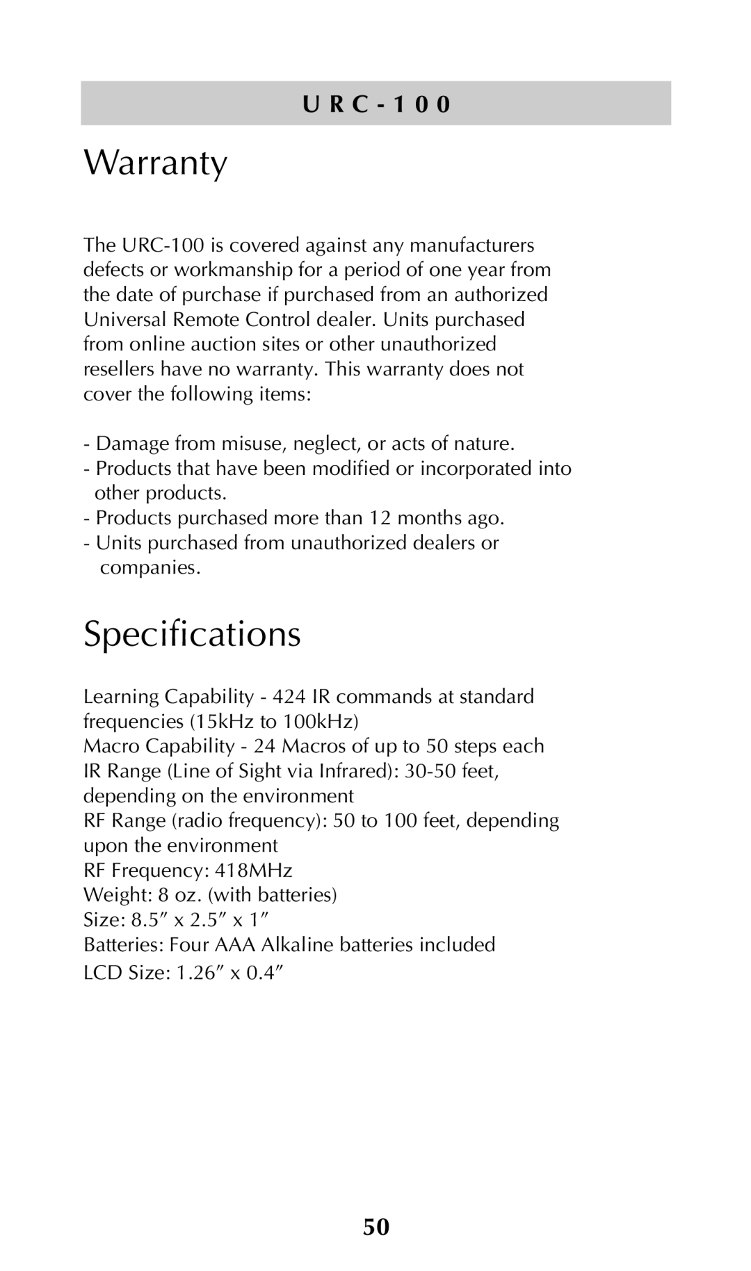 Universal Remote Control URC-100 owner manual Warranty, Specifications 