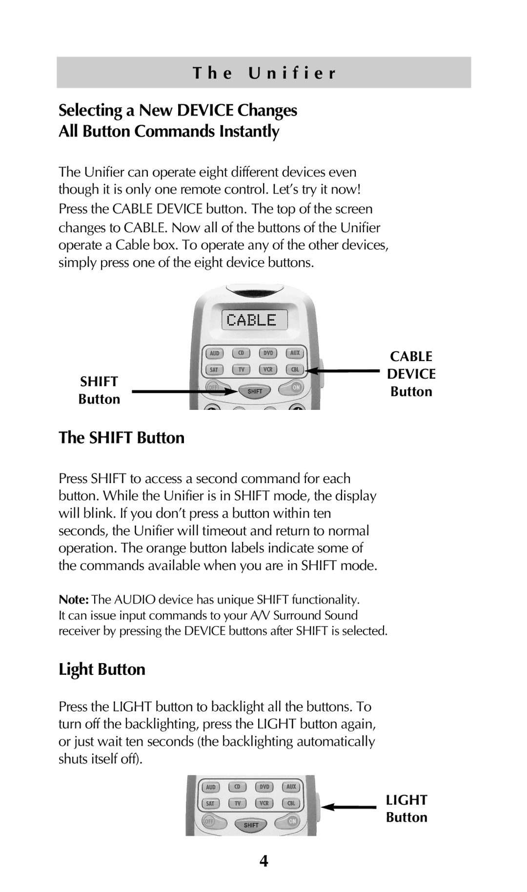 Universal Remote Control URC-100 owner manual Shift Button, Light Button 